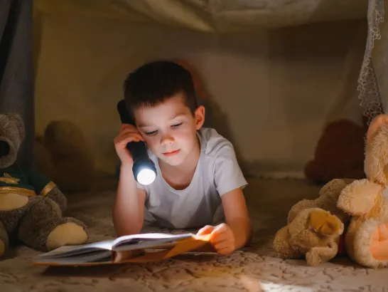 Ein Junge liegt abends zuhause in einem Zelt und liest mit einer Taschenlampe ein Buch.