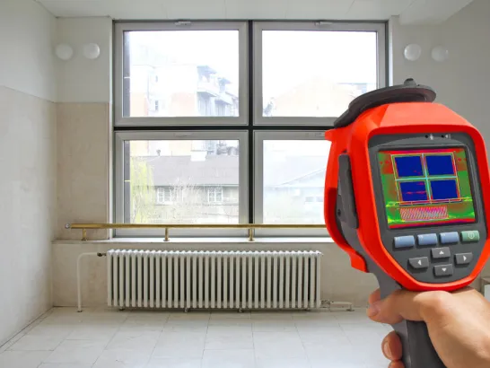 Eine Thermografiekamera macht eine Aufnahme von einem Fenster.