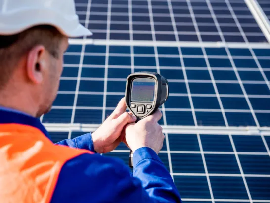 Ein Bauarbeiter fotografiert Solarmodule mit einer Thermografiekamera.