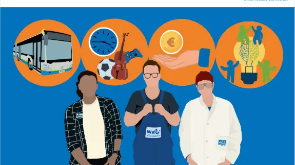 Drei Auszubildende in Bürokleidung, blauer Latzhose und Laborkittel im Flatvector-People-Stil stehen im Fokus. In vier großen orangenen Kreisen sind symbolhaft Benefiz für Auszubildende abgebildet: NVS-Bus, Uhr/Fußball/Geige/Controller, Euro-Münze fällt in eine Hand, Glühbirne mit Puzzleteilen