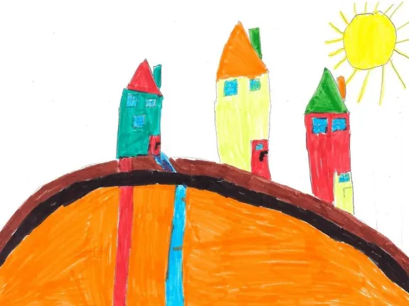 Kinderbild mit drei Häusern und Geothermiebohrung in die Erde