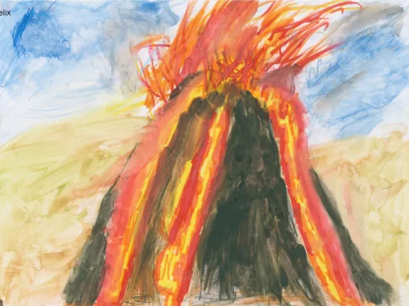 Kinderbild gemalter Vulkan beim Ausbruch