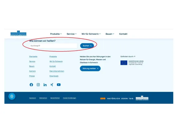 Fußbereich der Internetseite mit rot markierter Suchfunktion