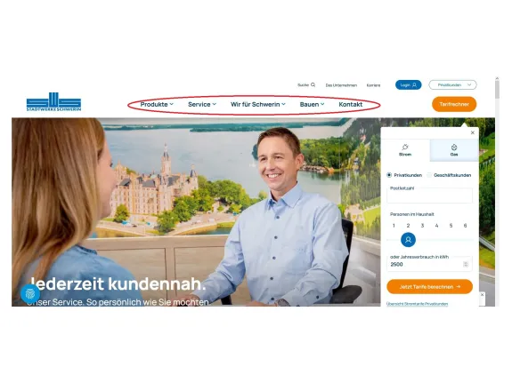 Rot markiertes Hauptmenü der Internetseite