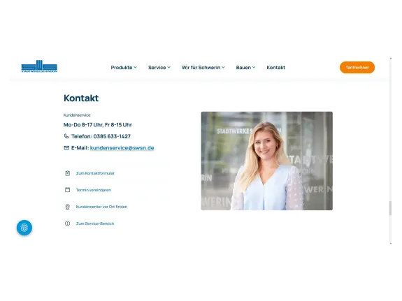 Kontaktbereich der Stadtwerke Intenetseite