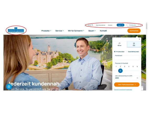 Kopfbereich der Internetseite mit rot markierten Kacheln