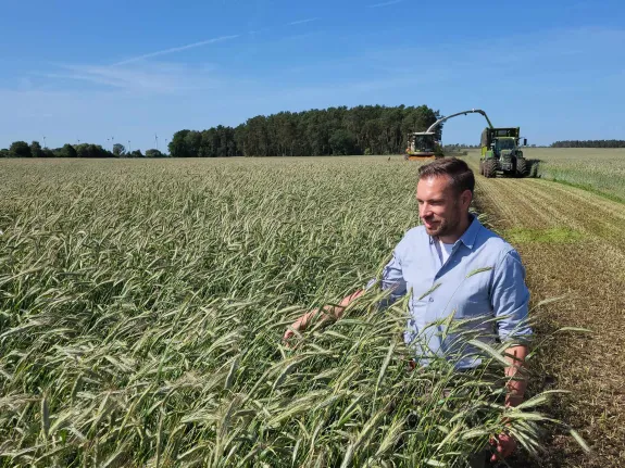 Mann steht an der Erntekante eines Roggenfeldes.