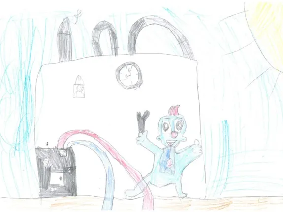 Kinderzeichnung mit einem Kraftwerk und Erdwärmeleitungen