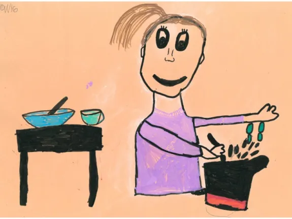 Kinderzeichnung zeigt eine kochende Frau