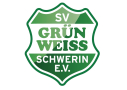 Grün umrandetes Wappen: oben SV in Weiß auf Grün, mittig Grün Weiss in Grün auf Weiß, unten Schwerin e.V. in Weiß auf Grün.