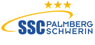 Blaue Buchstaben „SSC“, dahinter „Palmberg Schwerin“ in Blau, umrahmt von halber gelber Ellipse mit drei gelben Sternen oben