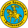 Goldener Wappenritter von Schwerin auf hellblauem Grund, umrundet von gelben Kreis mit der Aufschrift des Vereinsnamen
