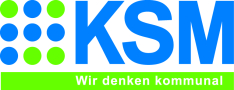 Das Logo der KSM mit einem Punkte-Quadrat und blauen Großbuchstaben. Darunter die vollständige Firmierung.
