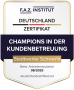 FAZ-Siegel "Champions in der Kundenbetreuung 2025" für die Stadtwerke Schwerin in Form eines Wappens