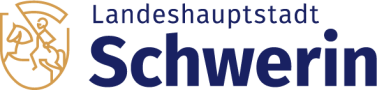 Pictogramm des Stadtwappens, dem goldenen Reiter mit Text "Landeshauptstadt Schwerin".