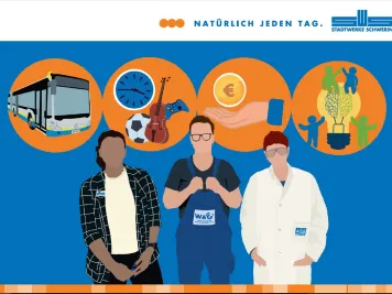 Grafik mit drei Azubis in Bürobekleidung, blauer Arbeitslatzhose und Laborkittel. 