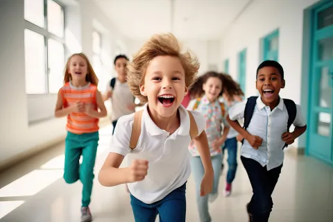 Mehrere Kinder laufen in der Schule freudig über den Flur