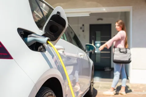 Ein Elektroauto wird an einer Wallbox aufgeladen.