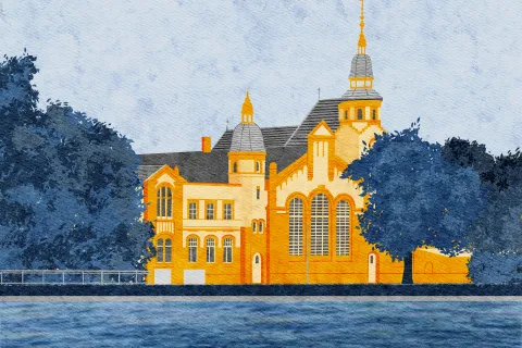 Stilisiertes Bild vom E-Werk in Orange, im Vordergrund der Pfaffenteich, neben dem Gebäude stehen Bäume in Blau.