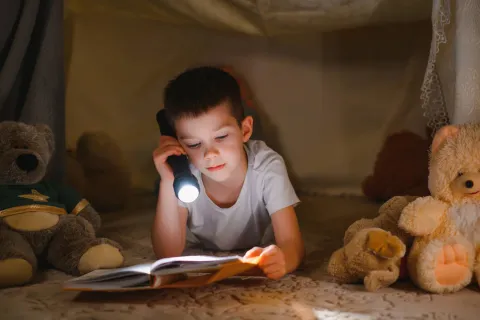 Ein Junge liegt abends zuhause in einem Zelt und liest mit einer Taschenlampe ein Buch.