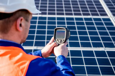 Bauarbeiter fotografiert Solarmodule mit Thermofrafiekamera