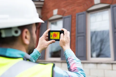 Ein Mann macht ein Foto von einem Haus mit einer Wärmebildkamera.