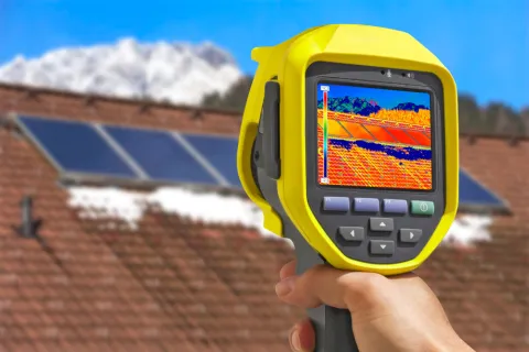 Thermografiekamera macht Aufnahme von Photovoltaikanlage