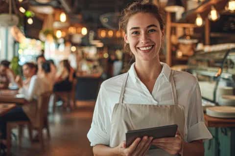 Eine Kellnerin im Restaurant lächelt in die Kamera.