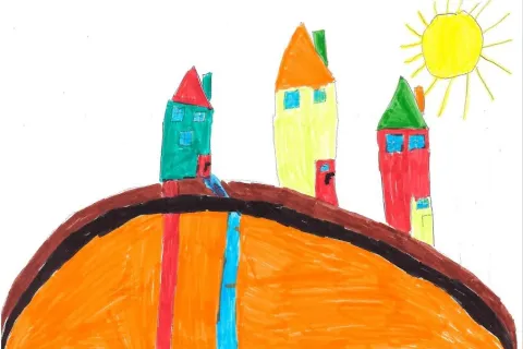 Kinderbild mit drei Häusern und einer Geothermiebohrung in die Erde.