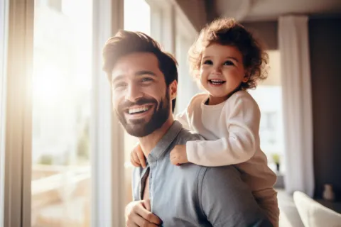 Ein glücklicher Vater trägt sein Kind Huckepack.