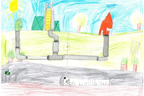 Kindercollage mit Haus und Fernwärmeleitung.