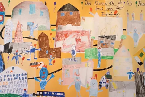 Bunte Kindercollage mit Zeichnungen von Häusern und Fernwärmeleitungen.