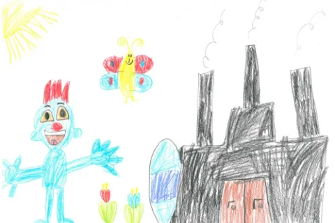 Kinderzeichnung von einem Heizkraftwerk und dem blauen Stadtwerkemaskottchen.