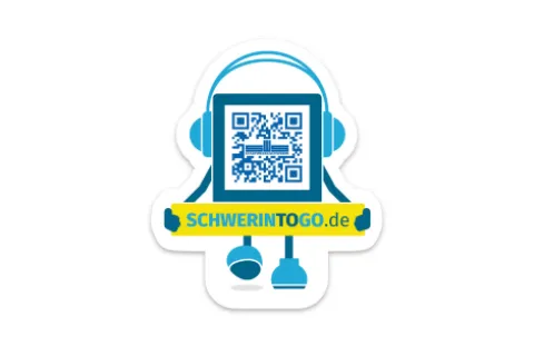 Logo Schwerintogo mit blauem Strichmännchen mit QR-Code.