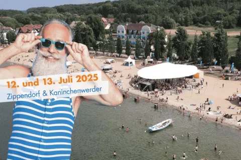 Mann mit Badeanzug ist vor einem Luftbild der Veranstaltung am Strand eingeblendet.