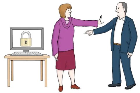 Eine Person beschützt einen Computer. Auf dem Bildschirm ist ein Schloss. Eine andere Person will an den Computer. 
