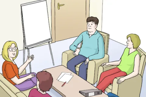 Vier Menschen sitzen an einem Tisch. Sie sprechen miteinander. An einer Seite steht eine große Tafel zum Schreiben.