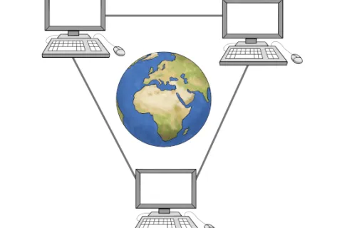 Drei Computer stehen an den Ecken eines Dreiecks. In der Mitte ist die Erde.
