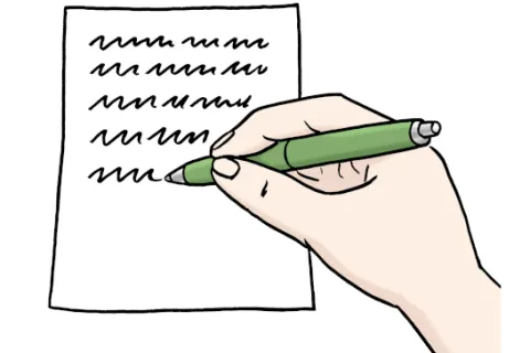 Eine Hand hält einen Stift. Sie schreibt auf ein Blatt Papier.