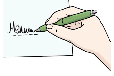 Eine Hand unterschreibt mit einem Stift ein Dokument.