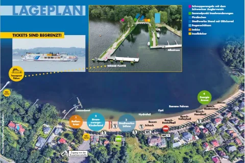Luftbild vom Zippendorfer Strand. Markiert ist der Fähranleger am Franzosenweg, der Ballkonkran auf Hohe der Bosselmannstraße und weiteren Verlauf nach Osten das Stromzwerge-Kinderland, die Stadtwerke-Bühne und die Energiearena.
