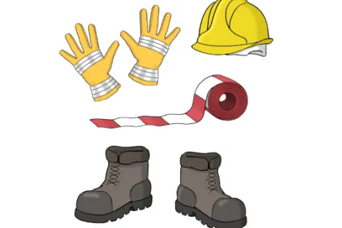 Schutzhelm, Arbeitshandschuhe, Arbeitsschuhe, Absprerrband
