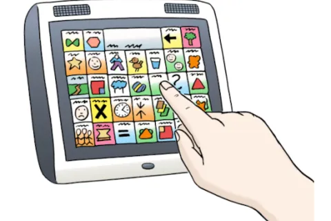 Eine Hand bedient einen Sprachcomputer