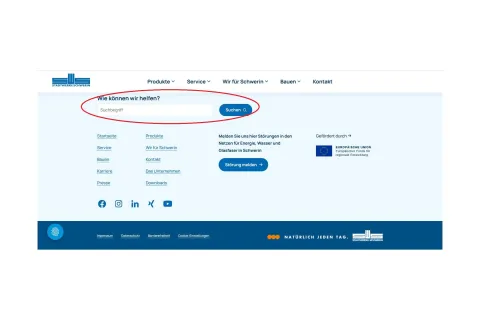 Fußbereich der Internetseite mit rot markierter Suchfunktion