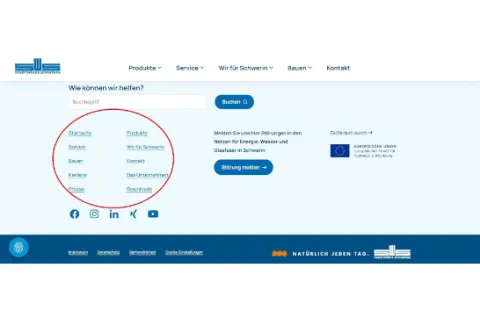 Fußbereich der Internetseite mit rot markierten Links