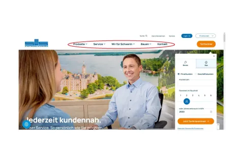 Rot markiertes Hauptmenü der Internetseite