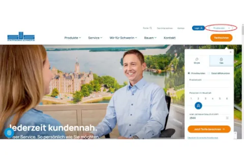 Kopfbereich der Internetseite mit rot markiertem Auswahlbereich 