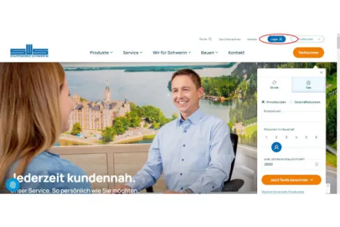 Kopfbereich der Internetseite mit rot markiertem Login Bereich