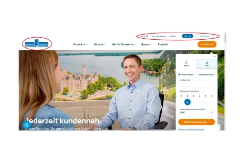 Kopfbereich der Internetseite mit rot markierten Kacheln