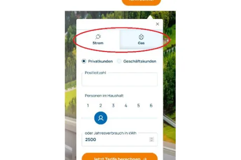 Tarifrechner mit rot markiertem Auswahlbereich Strom oder Gas